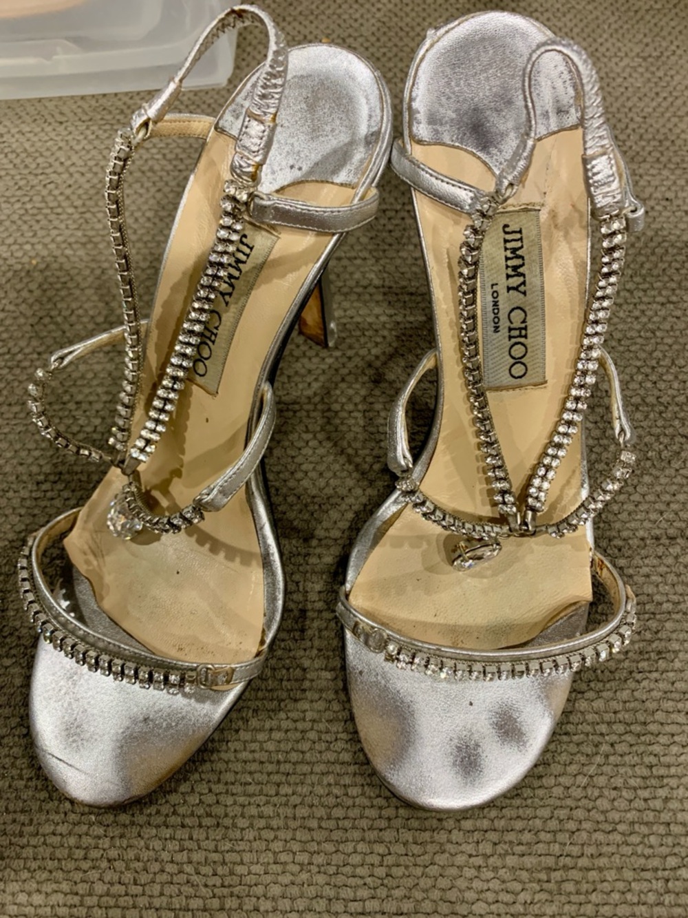 Jimmy Choo Silver Crystal T-Strap Evening Heels
